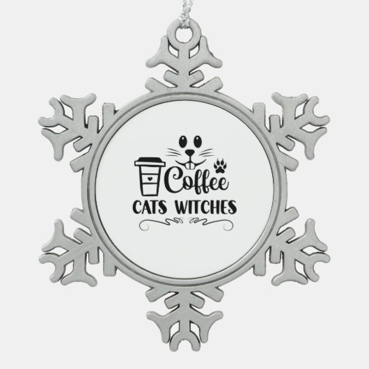 ハロウィーンコーヒーキャッツウィッチ誕生日 スノーフレークピューターオーナメント (正面)