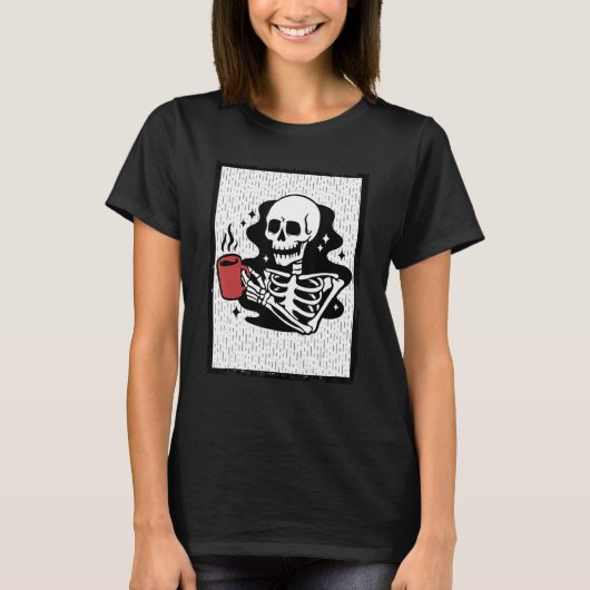 ハロウィーンコーヒー飲みスケルトンスカル衣装M Tシャツ (正面)
