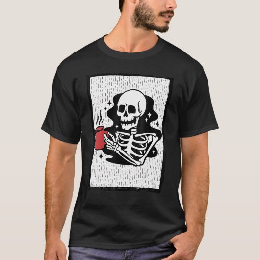 ハロウィーンコーヒー飲みスケルトンスカル衣装M Tシャツ (正面)