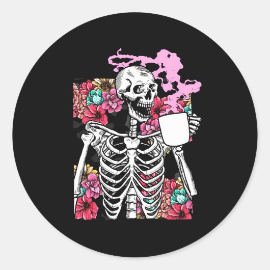 ハロウィーンコーヒー飲みスケルトンスカル ラウンドシール (正面)