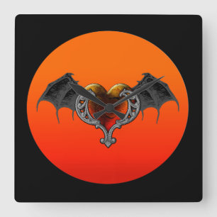 ハロウィーンゴシックオレンジハート&こうもりウィングスウォールクロック スクエア壁時計