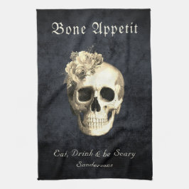 ハロウィーンゴシックスカルホワイトローズパーソナライズされた キッチンタオル