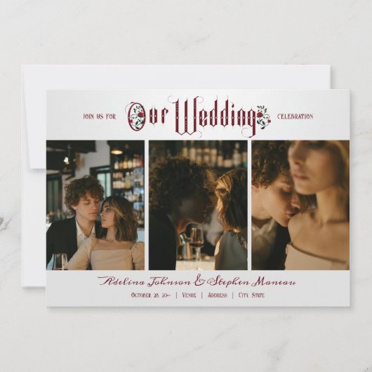 ハロウィーンゴシック文字赤いバラ3写真結婚の 招待状 (正面)