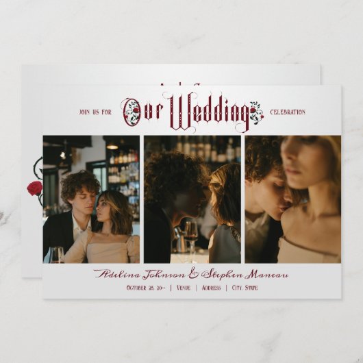 ハロウィーンゴシック文字赤いバラ3写真結婚の 招待状 (正面/裏面)