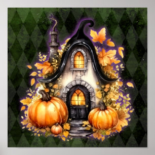 ハロウィーンゴシック秋フェアリーコテージグリーンアーガイル ポスター