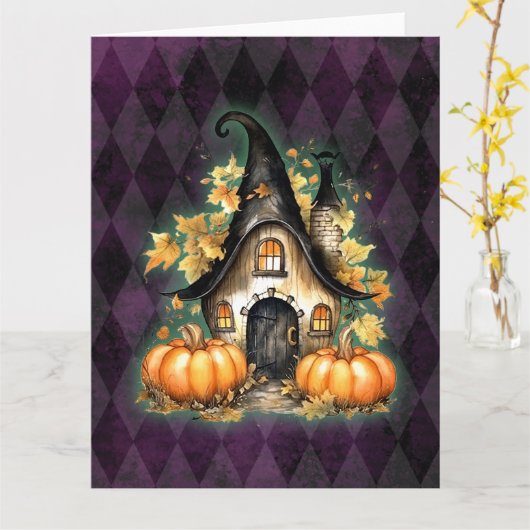 ハロウィーンゴシック秋フェアリーコテージパープルアーガイル カード (黄色い花)