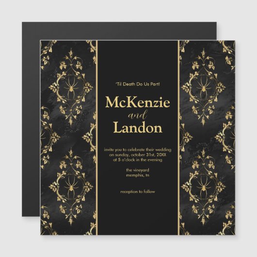 ハロウィーンゴシック結婚式招待状とクモ マグネット招待状 (正面/裏面)