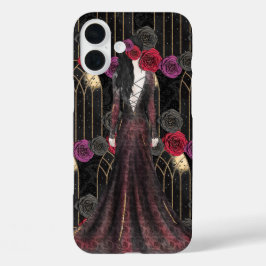 ハロウィーンゴシック黒紫色の花&女性 iPhone 16 PLUSケース