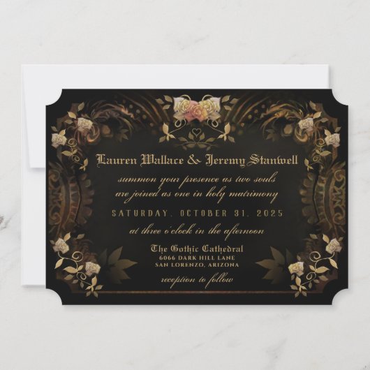 ハロウィーンゴールデンエレガンススケルトン結婚ズ 招待状 (裏面)