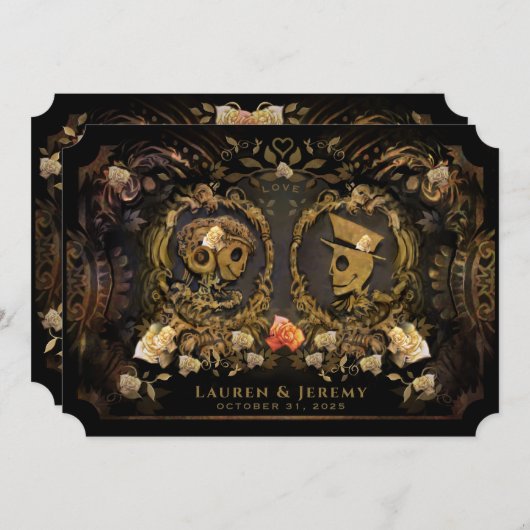 ハロウィーンゴールデンエレガンススケルトン結婚ズ 招待状 (正面/裏面)