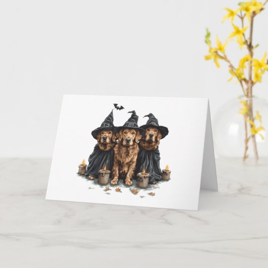 ハロウィーンゴールデンレトリエバードッグスハロウィーンのカボチャのちょうちん カード (黄色い花)