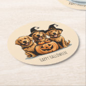 ハロウィーンゴールデンレトリエバードッグスハロウィーンのカボチャのちょうちん ラウンドペーパーコースター (アングル)