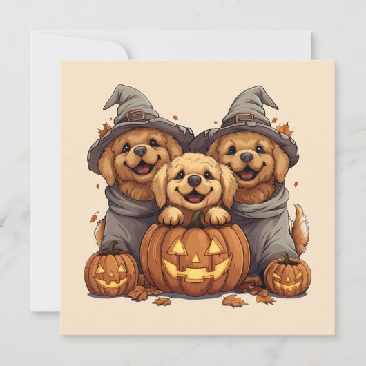ハロウィーンゴールデンレトリエバードッグスハロウィーンのカボチャのちょうちん 招待状 (正面)