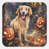 ハロウィーンゴールデンレトリバーとカボチャ怖い スクエアシール (正面)