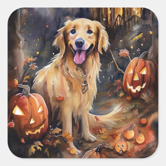 ハロウィーンゴールデンレトリバーとカボチャ怖い スクエアシール (正面)