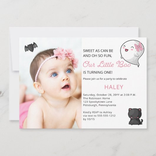 ハロウィーンザリトルブー幽霊ガール1st誕生日 招待状 (正面)