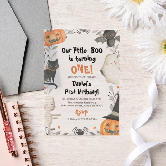 ハロウィーンザリトルブー1st誕生日パーティー ベラム紙招待状 (ウェディング)