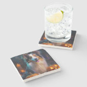 ハロウィーンシェットランドシェプドッグとカボチャ怖い ストーンコースター (横)