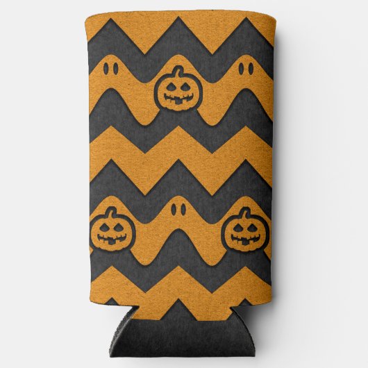 ハロウィーンシェブロンパターン(幽霊とカボチャ) スリム缶クーラー (正面)