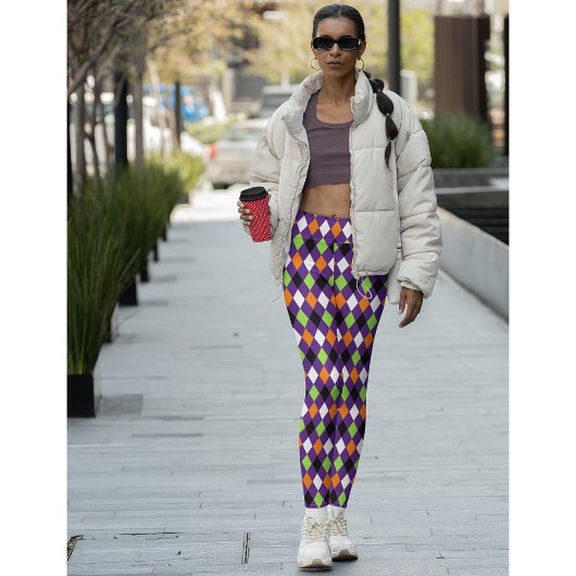 ハロウィーンシックパープルオレンジグリーンハーレキンパーティー レギンス