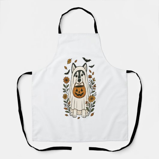 ハロウィーンシベリアのハスキーの花 エプロン (正面)