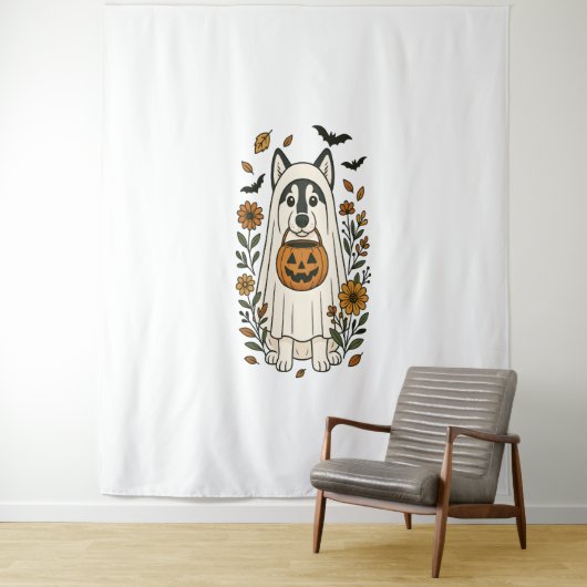 ハロウィーンシベリアのハスキーの花 タペストリー (インサイチュ)