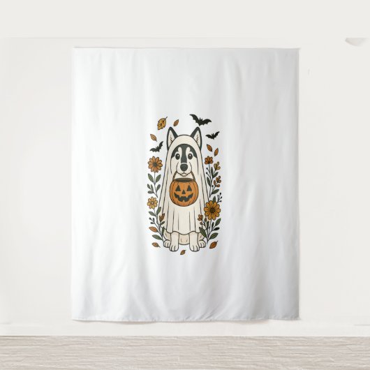 ハロウィーンシベリアのハスキーの花 タペストリー (正面)