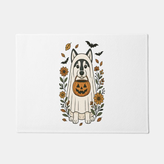 ハロウィーンシベリアのハスキーの花 ドアマット (正面)