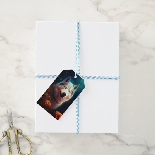 ハロウィーンシベリアハスキーとカボチャ怖い ギフトタグ (より糸付き)