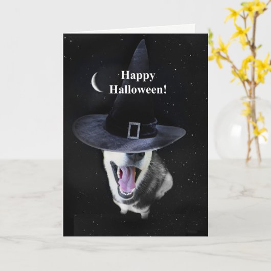 ハロウィーンシベリアハスキーウィッチーおもしろい カード (黄色い花)