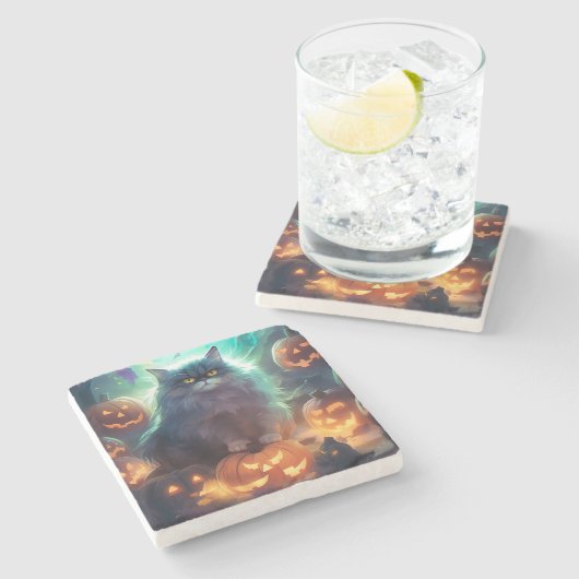 ハロウィーンシベリア猫カボチャ怖い ストーンコースター (横)