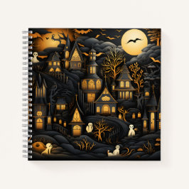 ハロウィーンシームレスパターン白幽霊in町 ノートブック