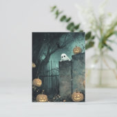 ハロウィーンシーンと幽霊と猫 ポストカード (スタンド正面)