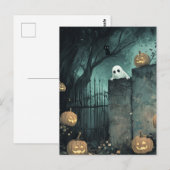 ハロウィーンシーンと幽霊と猫 ポストカード (正面/裏面)
