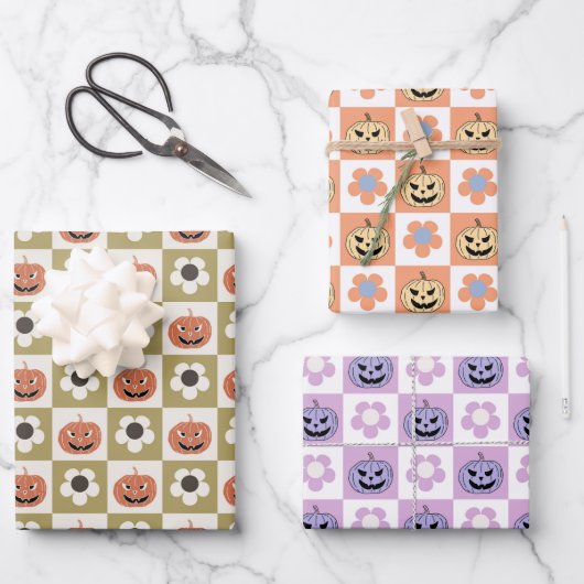 ハロウィーンジャック – o – ランタンとデイジーのチェッカー ラッピングペーパーシート (正面)