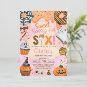 ハロウィーンスイートサッシー6人の女の子6歳の誕生日招待状 招待状 (スタンド正面)