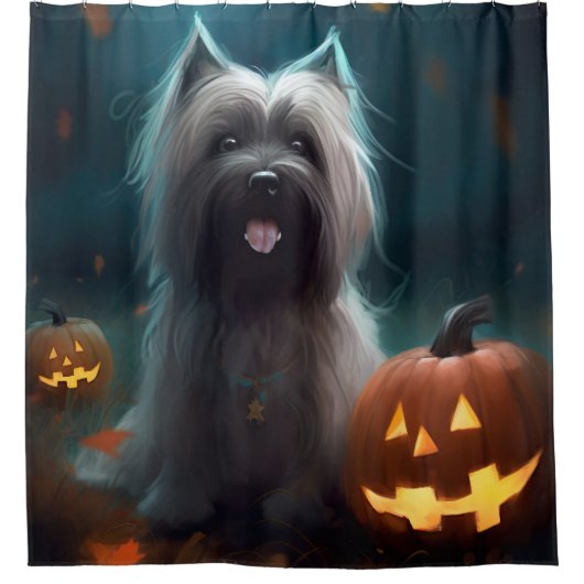ハロウィーンスカイテリアとカボチャ怖い シャワーカーテン (正面)