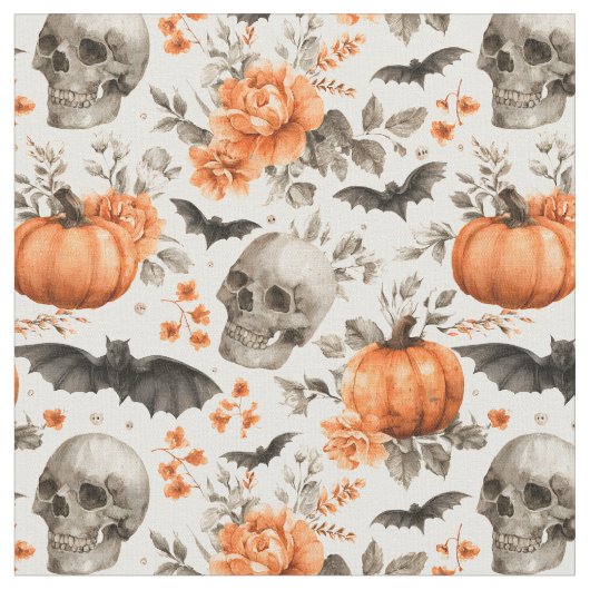 ハロウィーンスカルこうもりと花 ファブリック (クローズアップ)