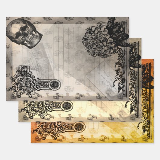 ハロウィーンスカルと黒あじさい花 ラッピングペーパーシート (セット)