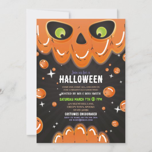 ハロウィーンスカルパーティーネオンブラックゴシック色の目 招待状 (正面)