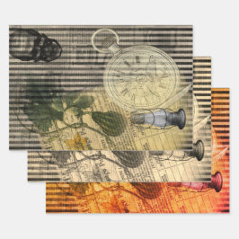 ハロウィーンスカルヴィンテージ時計とグリーンパンプキン ラッピングペーパーシート