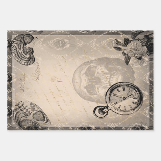 ハロウィーンスカル不気味な解剖学フローラヴィンテージ ラッピングペーパーシート (正面)