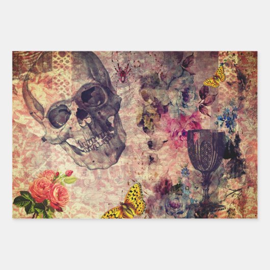 ハロウィーンスカル、ワイングラス、イエローバタフライ ラッピングペーパーシート (正面3)