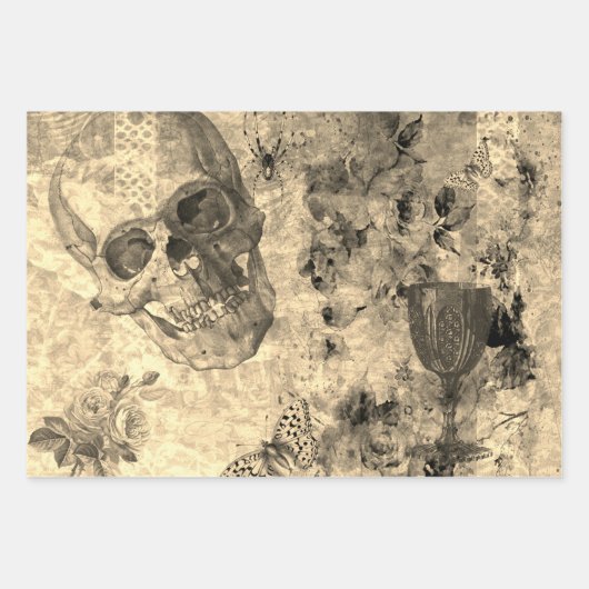 ハロウィーンスカル、ワイングラス、イエローバタフライ ラッピングペーパーシート (正面2)