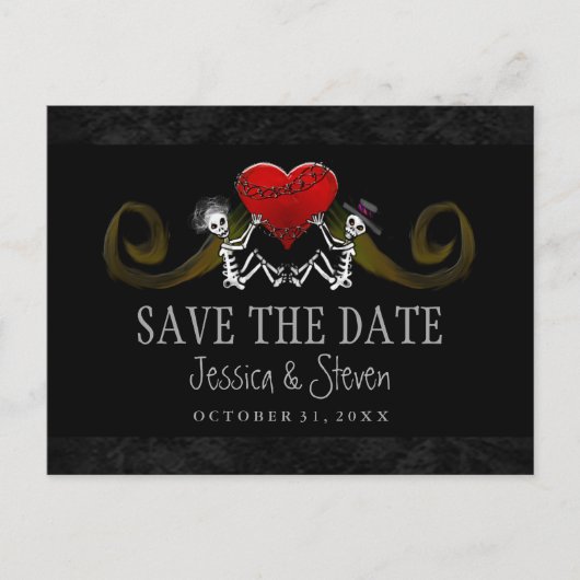 ハロウィーンスケルトンとハートマッチング日付の保存 案内ポストカード (正面)
