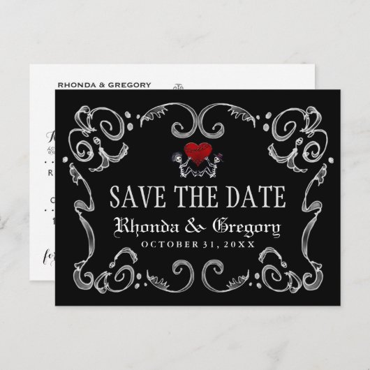ハロウィーンスケルトンとハートマッチング日付の保存 案内ポストカード (正面/裏面)