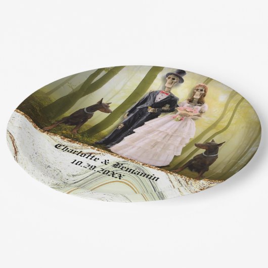 ハロウィーンスケルトンカップルゴシックズ結婚紙プラ ペーパープレート (アングル)