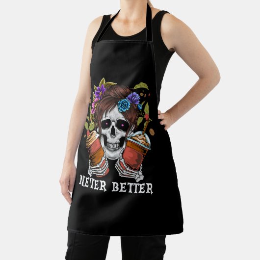 ハロウィーンスケルトンスカル女性コーヒーネブを飲む エプロン (インサイチュ)