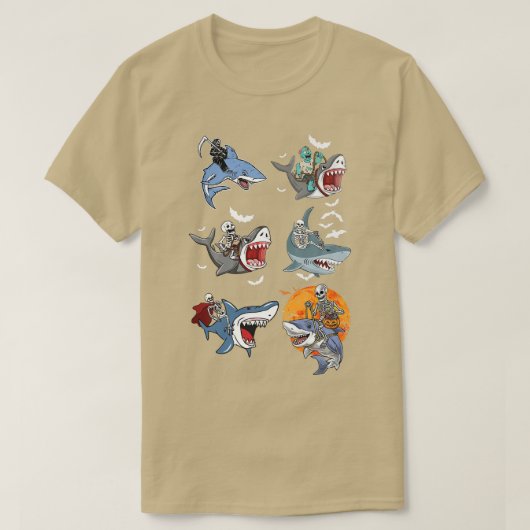 ハロウィーンスケルトンゾンビライディングシャークミームミーブンピ Tシャツ (デザイン正面)