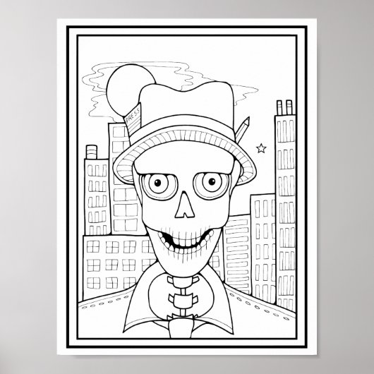 ハロウィーンスケルトンニュースマンのプレス着色ページアート ポスター (正面)